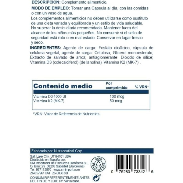 Vitamina D3 + K2 120 cápsulas - Solaray
